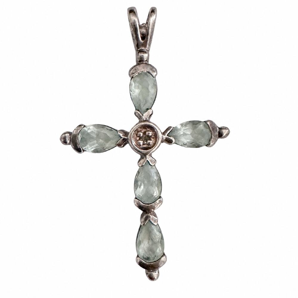 Sterling Silver Cross Pendant Blue Aquamarine Religious Charm 925 1.84g